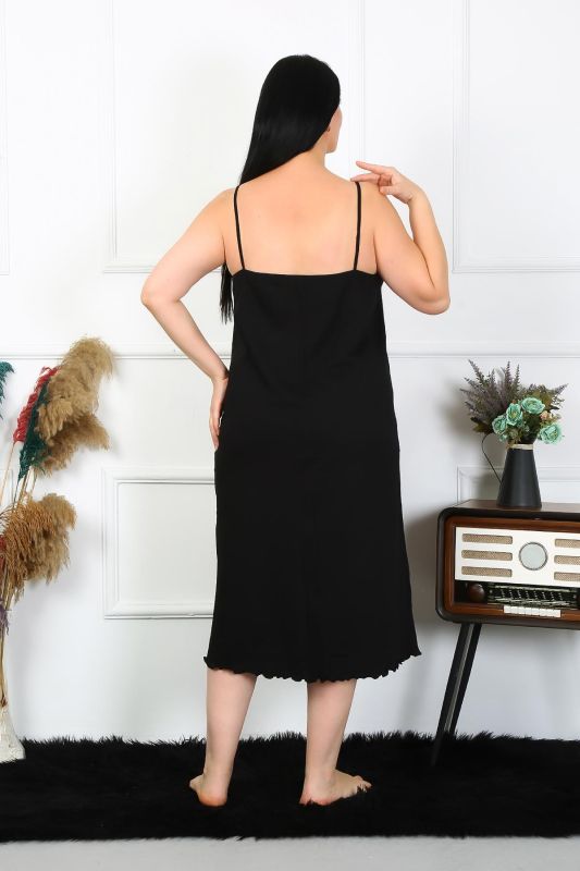 Moda Çizgi Kadın Büyük Beden İp Askılı Pamuklu Siyah Uzun Gecelik 12100 - 3