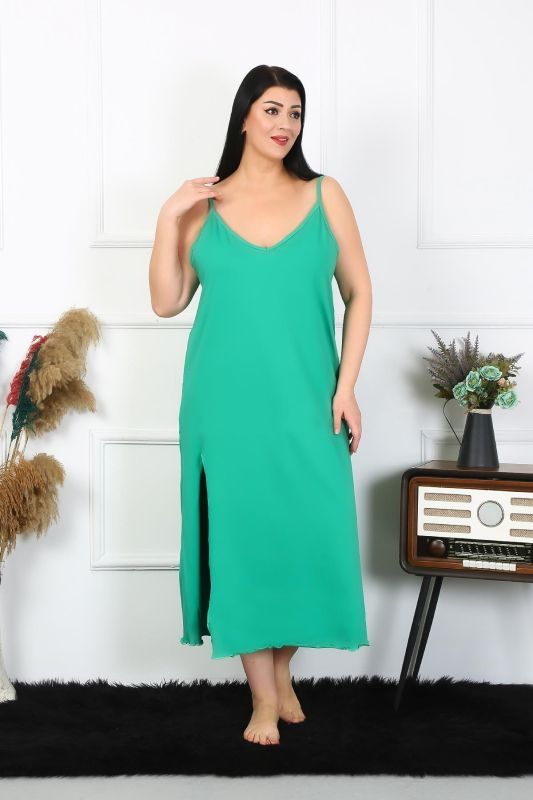 Moda Çizgi Kadın Büyük Beden İp Askılı Pamuklu Yeşil Uzun Gecelik 12100 - 1