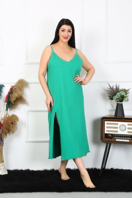 Moda Çizgi Kadın Büyük Beden İp Askılı Pamuklu Yeşil Uzun Gecelik 12100 - 2
