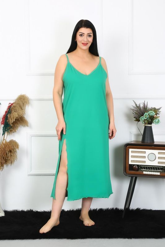 Moda Çizgi Kadın Büyük Beden İp Askılı Pamuklu Yeşil Uzun Gecelik 12100 - 5