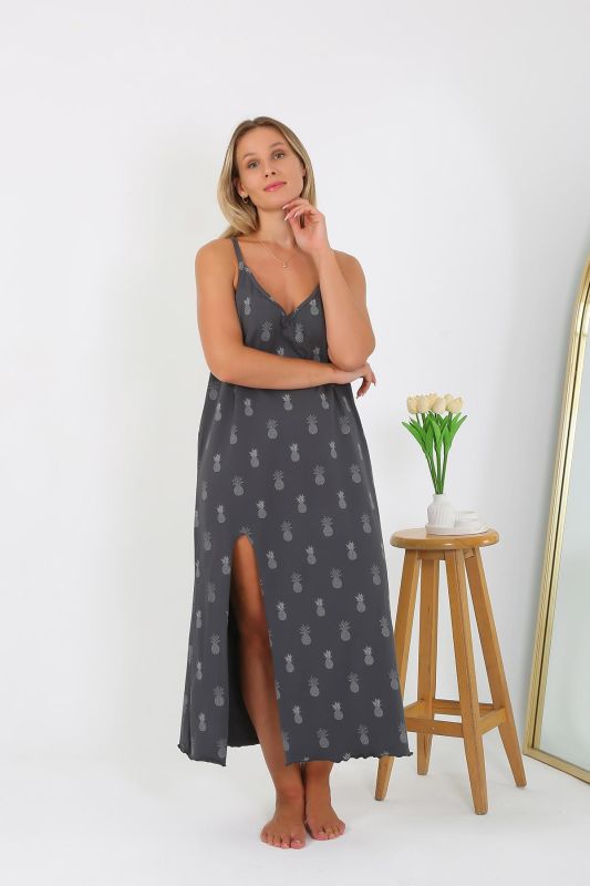 Moda Çizgi Kadın Büyük Beden İp Askılı Uzun Gecelik 12112 - 2
