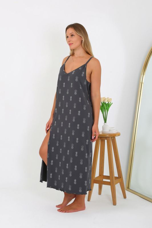 Moda Çizgi Kadın Büyük Beden İp Askılı Uzun Gecelik 12112 - 4