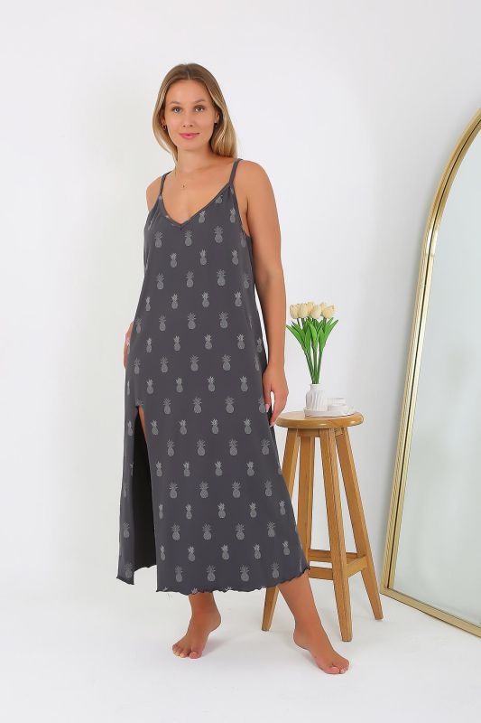 Moda Çizgi Kadın Büyük Beden İp Askılı Uzun Gecelik 12112 - 5