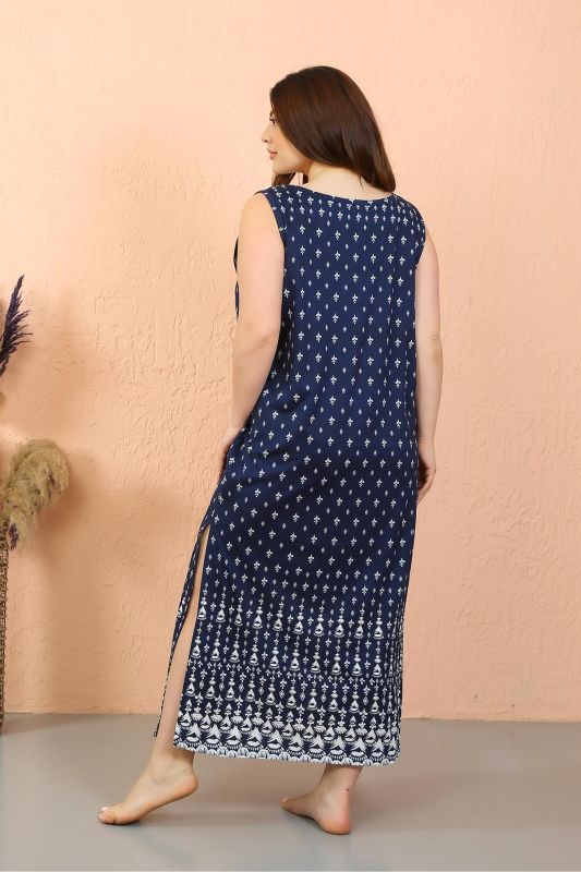 Moda Çizgi Kadın Büyük Beden Kalın Askılı Yırtmaçlı Gecelik 12103 - 5