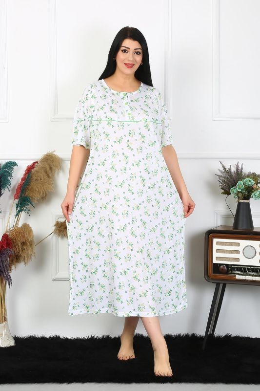 Moda Çizgi Kadın Büyük Beden Kısa Kol Beyaz Anne Gecelik 1372 - 1