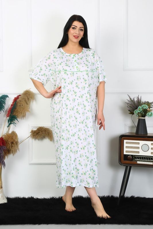 Moda Çizgi Kadın Büyük Beden Kısa Kol Beyaz Anne Gecelik 1372 - 2