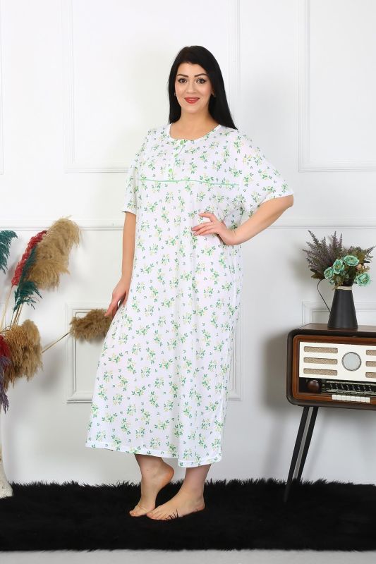 Moda Çizgi Kadın Büyük Beden Kısa Kol Beyaz Anne Gecelik 1372 - 3