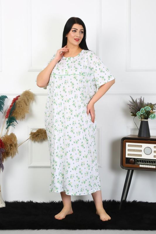 Moda Çizgi Kadın Büyük Beden Kısa Kol Beyaz Anne Gecelik 1372 - 4