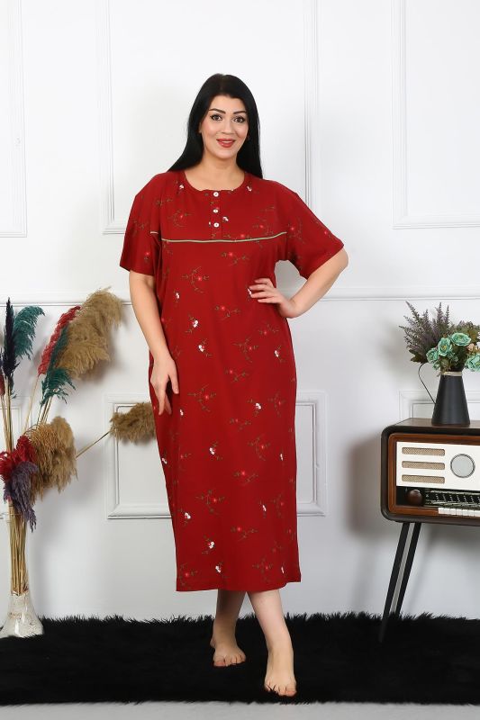 Moda Çizgi Kadın Büyük Beden Kısa Kol Bordo Anne Gecelik 1370 - 1