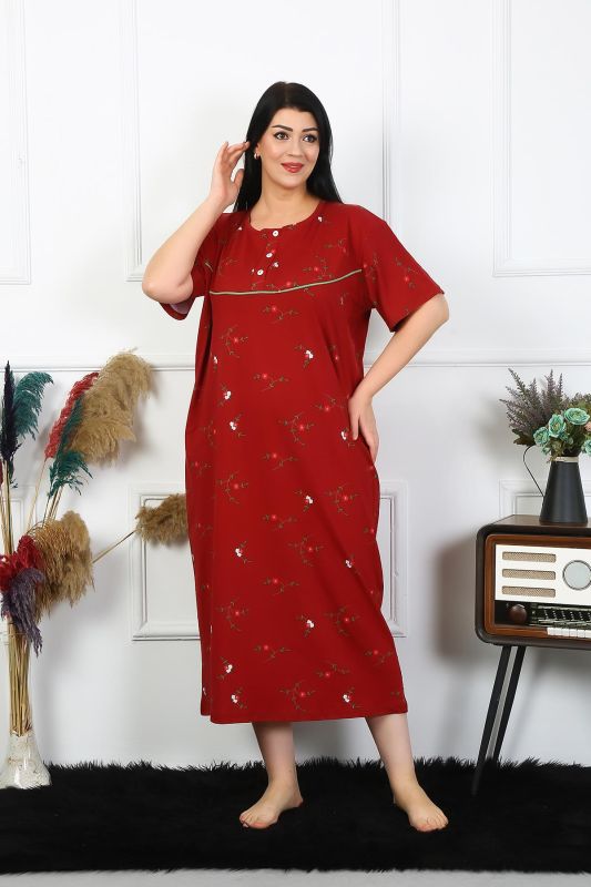 Moda Çizgi Kadın Büyük Beden Kısa Kol Bordo Anne Gecelik 1370 - 2