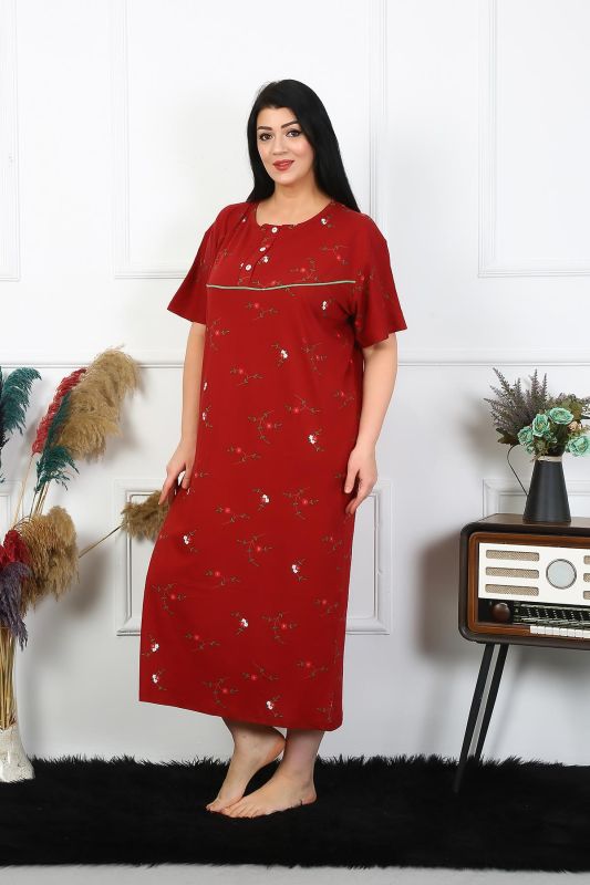 Moda Çizgi Kadın Büyük Beden Kısa Kol Bordo Anne Gecelik 1370 - 3