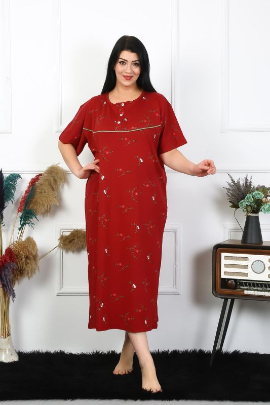 Moda Çizgi Kadın Büyük Beden Kısa Kol Bordo Anne Gecelik 1370 - 4