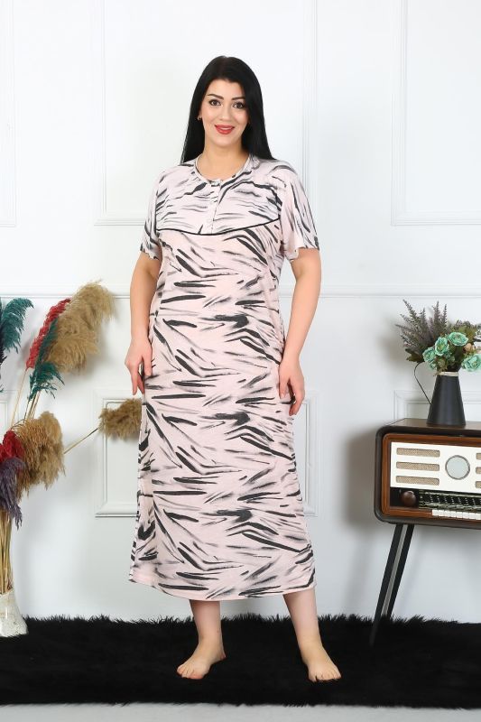 Moda Çizgi Kadın Büyük Beden Kısa Kol Krem Anne Gecelik 1371 - 1
