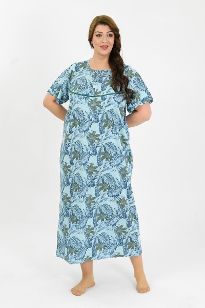 Moda Çizgi - Moda Çizgi Kadın Büyük Beden Kısa Kol Mavi Anne Gecelik 1377
