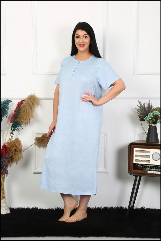 Moda Çizgi Kadın Büyük Beden Kısa Kol Mavi Dantelli Anne Gecelik 1376 - 1