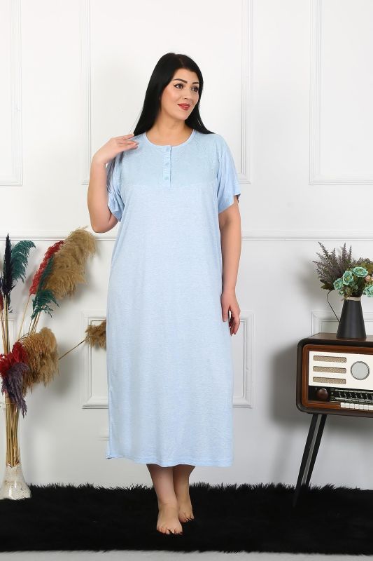 Moda Çizgi Kadın Büyük Beden Kısa Kol Mavi Dantelli Anne Gecelik 1376 - 2