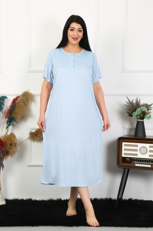 Moda Çizgi Kadın Büyük Beden Kısa Kol Mavi Dantelli Anne Gecelik 1376 - 3