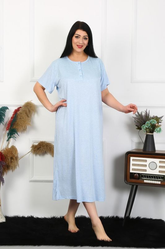 Moda Çizgi Kadın Büyük Beden Kısa Kol Mavi Dantelli Anne Gecelik 1376 - 4