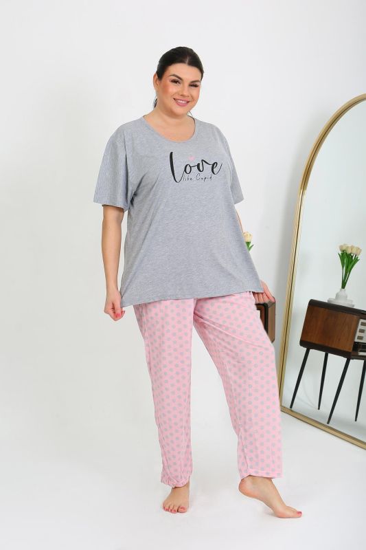 Moda Çizgi Kadın Büyük Beden Kısa Kol Penye Pijama Takımı Gri 202408 - 1