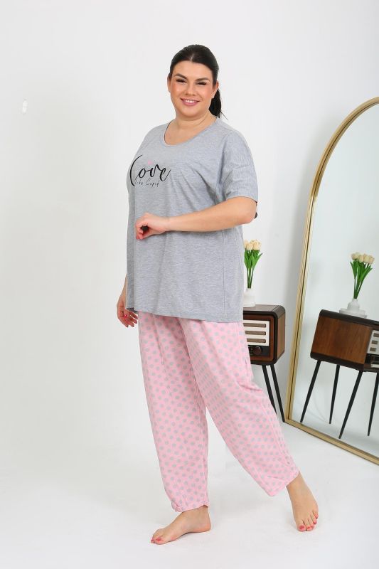 Moda Çizgi Kadın Büyük Beden Kısa Kol Penye Pijama Takımı Gri 202408 - 2