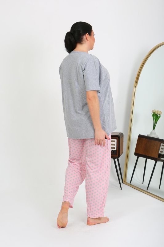 Moda Çizgi Kadın Büyük Beden Kısa Kol Penye Pijama Takımı Gri 202408 - 3