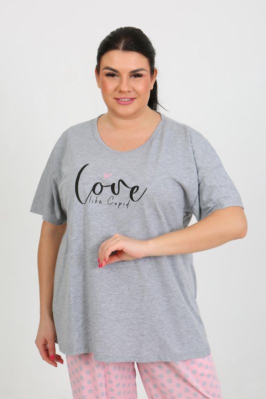 Moda Çizgi Kadın Büyük Beden Kısa Kol Penye Pijama Takımı Gri 202408 - 4