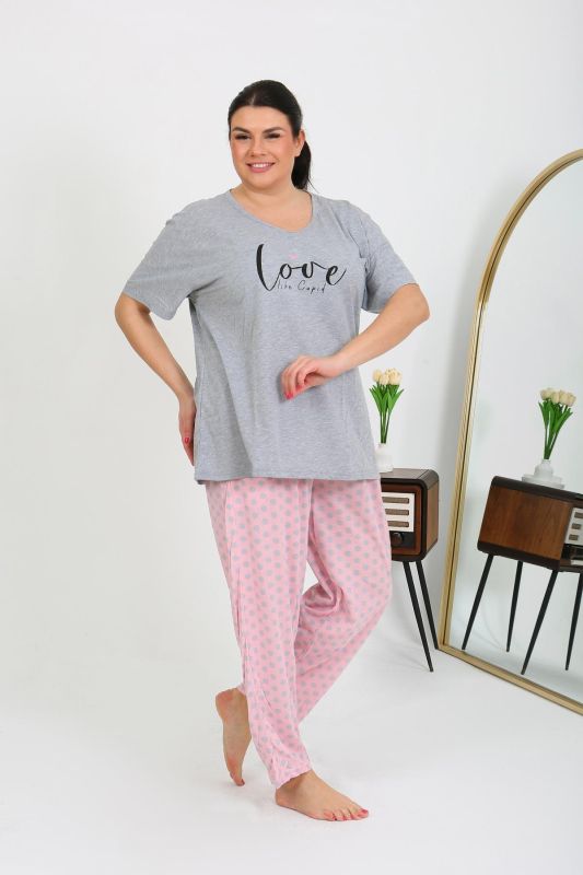 Moda Çizgi Kadın Büyük Beden Kısa Kol Penye Pijama Takımı Gri 202408 - 5