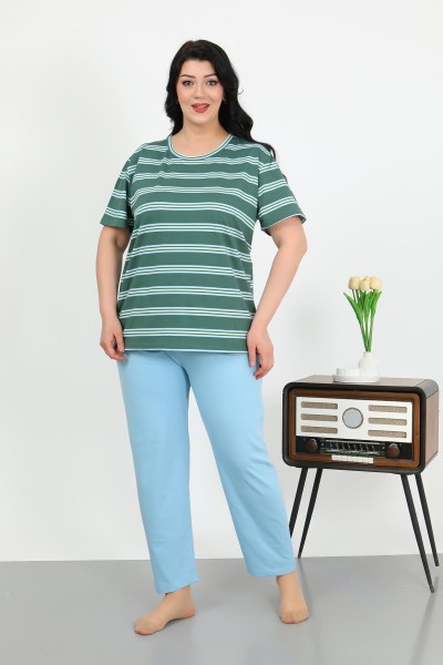 Moda Çizgi - Moda Çizgi Kadın Büyük Beden Kısa Kol Penye Pijama Takımı Petrol 202505