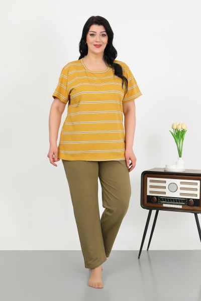 Moda Çizgi - Moda Çizgi Kadın Büyük Beden Kısa Kol Penye Pijama Takımı Sarı 202505