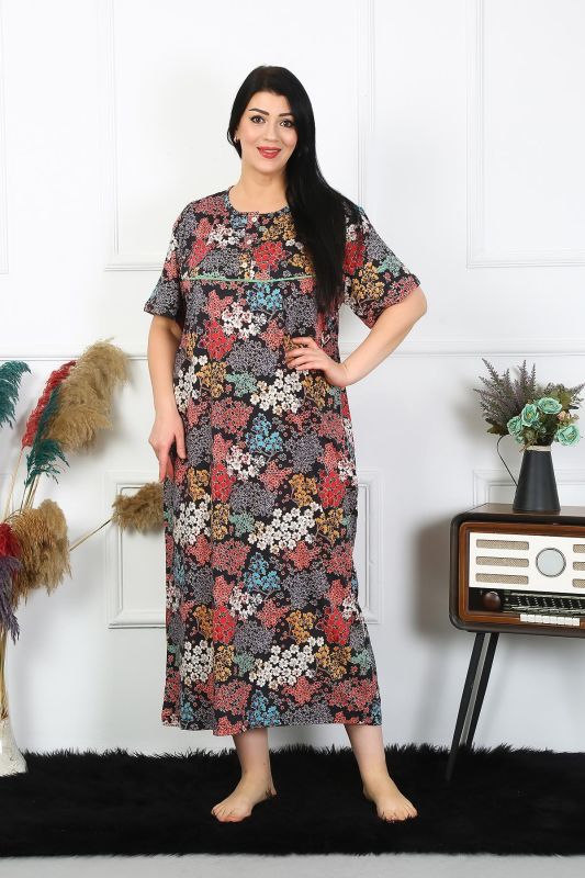 Moda Çizgi Kadın Büyük Beden Kısa Kol Siyah Anne Gecelik 1373 - 1