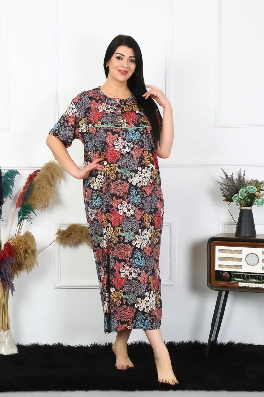 Moda Çizgi Kadın Büyük Beden Kısa Kol Siyah Anne Gecelik 1373 - 2