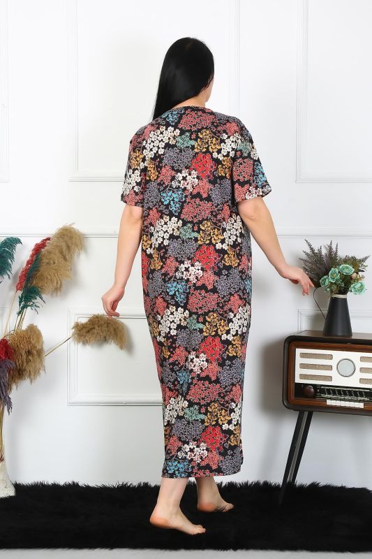 Moda Çizgi Kadın Büyük Beden Kısa Kol Siyah Anne Gecelik 1373 - 3