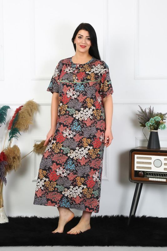 Moda Çizgi Kadın Büyük Beden Kısa Kol Siyah Anne Gecelik 1373 - 4