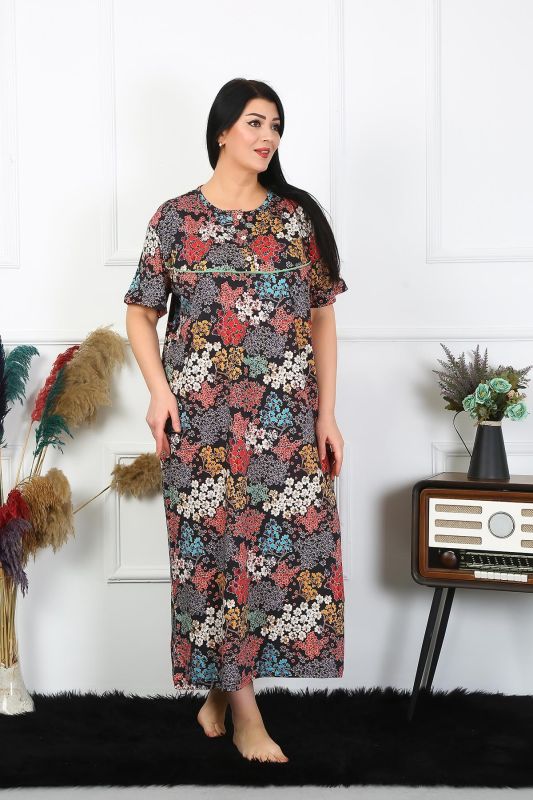 Moda Çizgi Kadın Büyük Beden Kısa Kol Siyah Anne Gecelik 1373 - 5