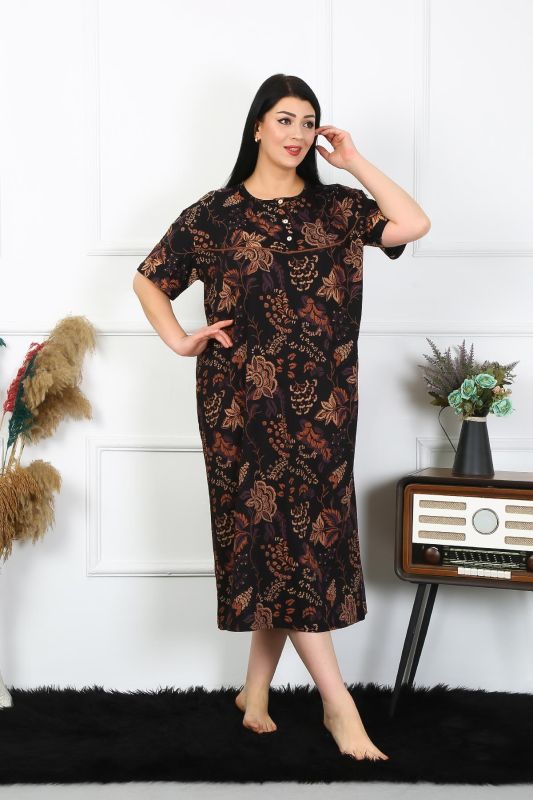 Moda Çizgi Kadın Büyük Beden Kısa Kol Siyah Anne Gecelik 1375 - 2