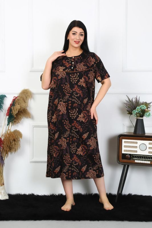 Moda Çizgi Kadın Büyük Beden Kısa Kol Siyah Anne Gecelik 1375 - 3