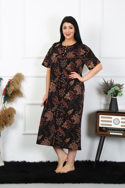 Moda Çizgi Kadın Büyük Beden Kısa Kol Siyah Anne Gecelik 1375 - 4