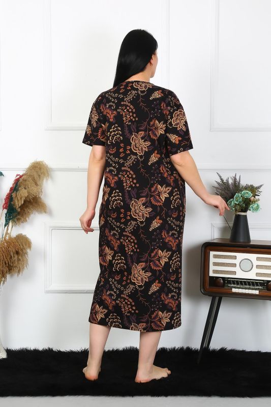 Moda Çizgi Kadın Büyük Beden Kısa Kol Siyah Anne Gecelik 1375 - 5