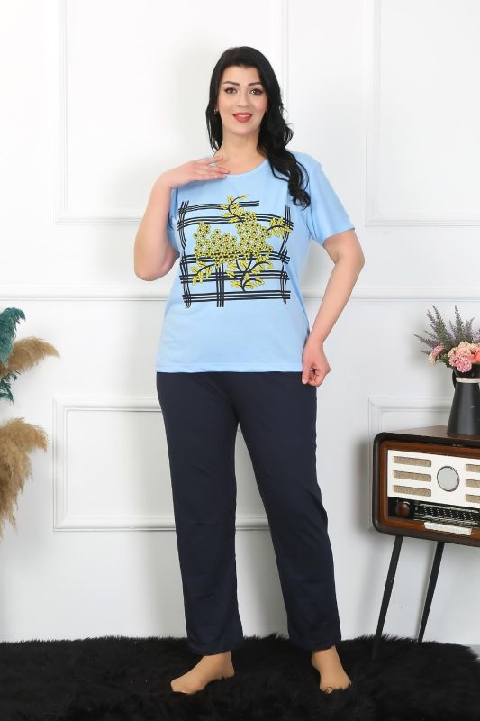 Moda Çizgi Kadın Büyük Beden Mavi Pijama Takımı 202402 - 1