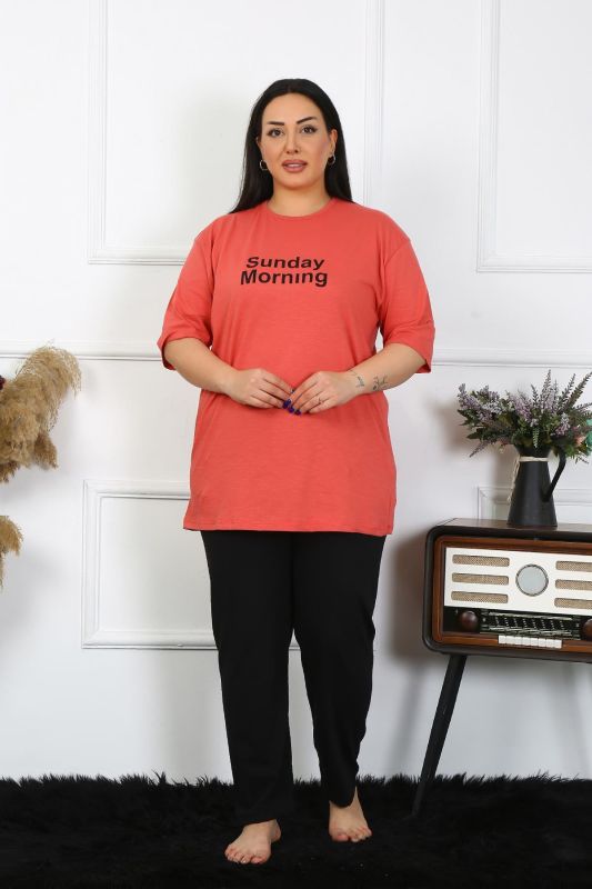 Moda Çizgi Kadın Büyük Beden Mercan Pijama Takımı 202404 - 1