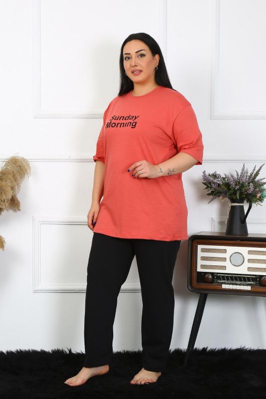 Moda Çizgi Kadın Büyük Beden Mercan Pijama Takımı 202404 - 5