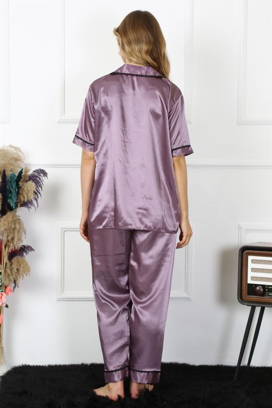 Moda Çizgi Kadın Büyük Beden Mor Saten Pijama Takımı 10303 - 4