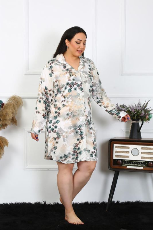 Moda Çizgi Kadın Büyük Beden Pamuk Düğmeli Uzun Kol Haki Tunik Gecelik 12205 - 5