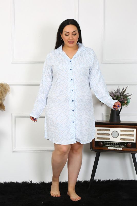Moda Çizgi Kadın Büyük Beden Pamuk Düğmeli Uzun Kol Mavi Tunik Gecelik 12202 - 1