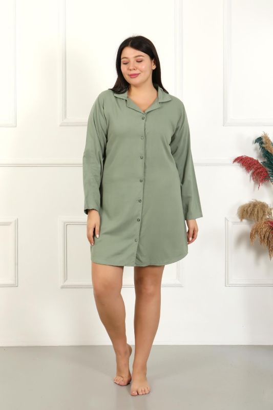 Moda Çizgi Kadın Büyük Beden Pamuk Düğmeli Uzun Kol Tunik Gecelik 12207 - 4