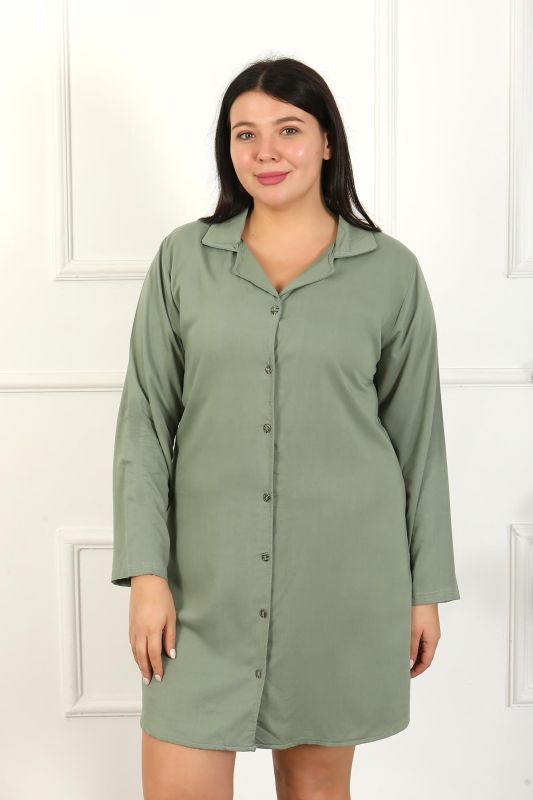 Moda Çizgi Kadın Büyük Beden Pamuk Düğmeli Uzun Kol Tunik Gecelik 12207 - 6