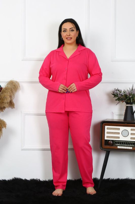 Moda Çizgi Kadın Büyük Beden Pamuklu Cepli Düğmeli Fuşya Pijama Takım 202401 - 1