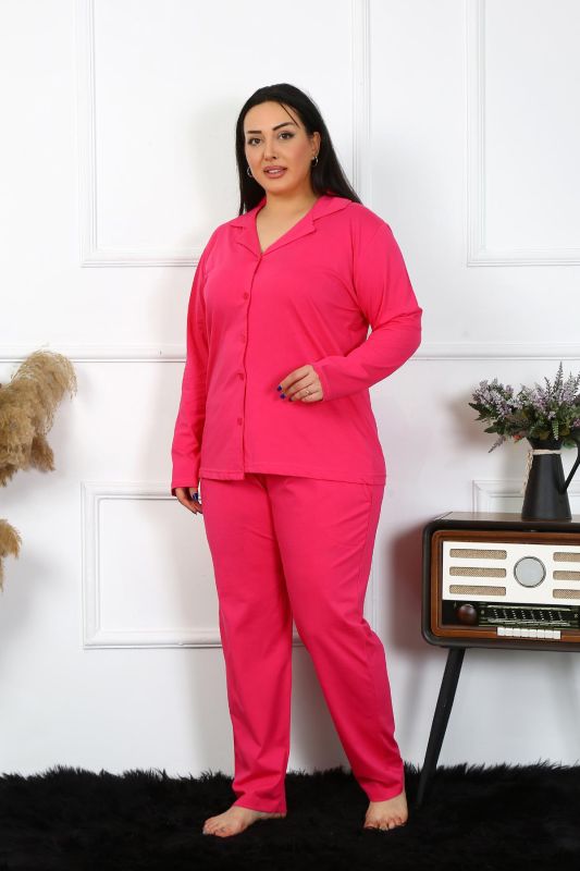 Moda Çizgi Kadın Büyük Beden Pamuklu Cepli Düğmeli Fuşya Pijama Takım 202401 - 2
