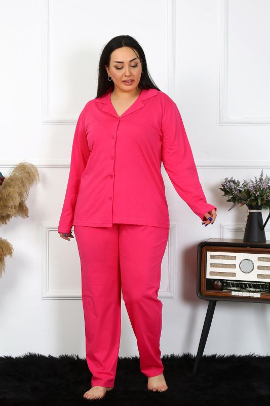 Moda Çizgi Kadın Büyük Beden Pamuklu Cepli Düğmeli Fuşya Pijama Takım 202401 - 3