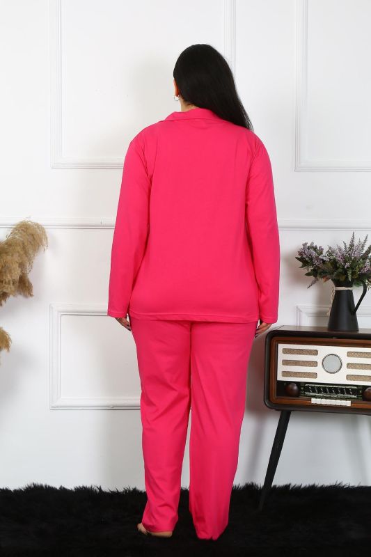 Moda Çizgi Kadın Büyük Beden Pamuklu Cepli Düğmeli Fuşya Pijama Takım 202401 - 4
